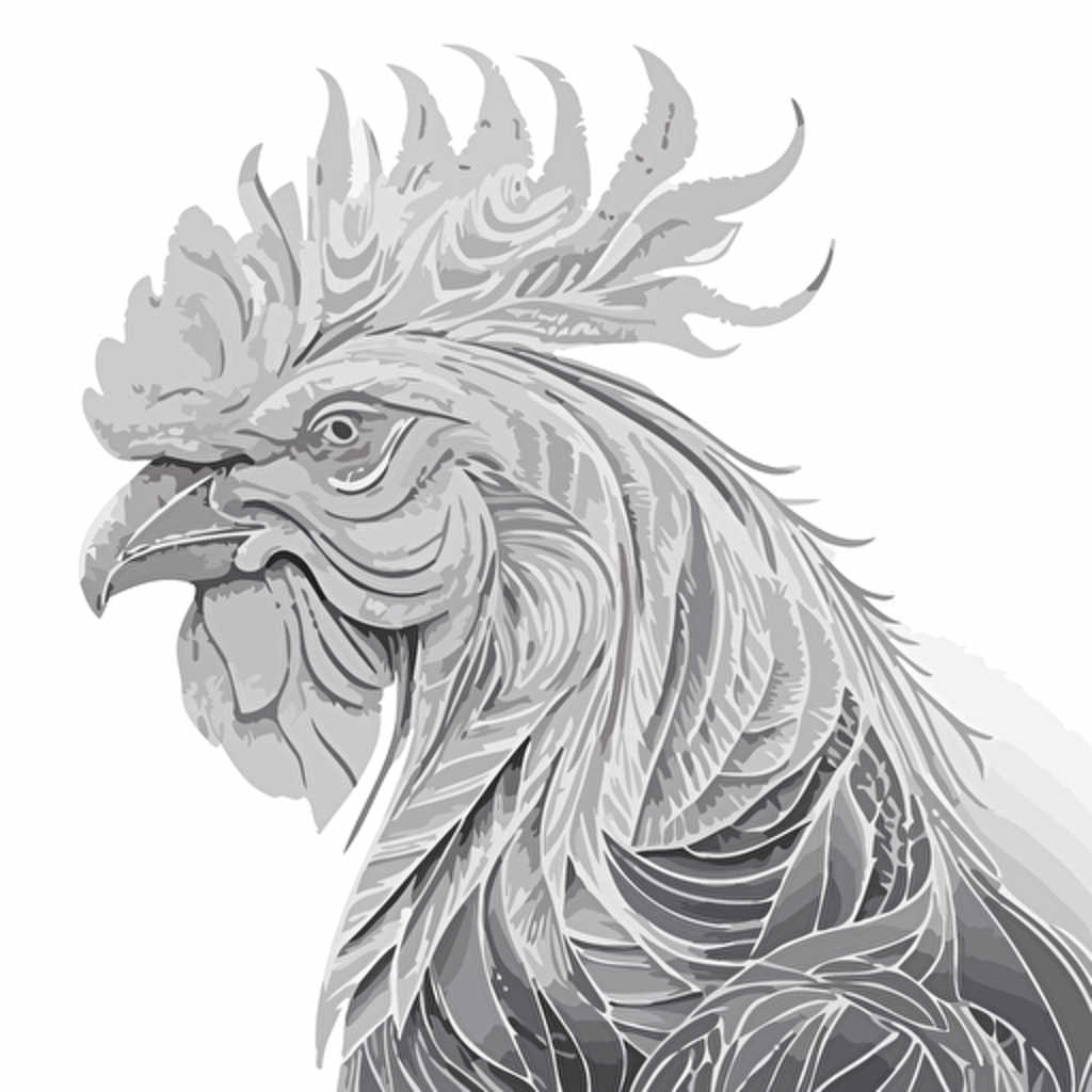 glamorous close up rooster in style of Eric Standley, flamboyant, black and white, flat, vector, line drawling, white background ar 1:1