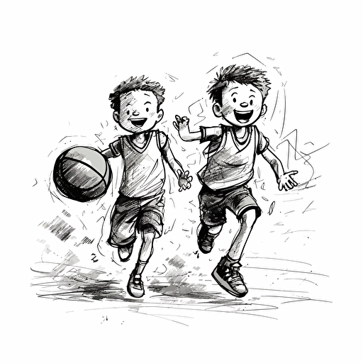 Vector illustration, black ink of two handsome, happy 9 years old boys playing basketball with white background