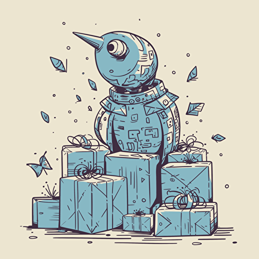 vector doodle minimalist, thinking computer robot, within background contains giftboxes and blue birds
