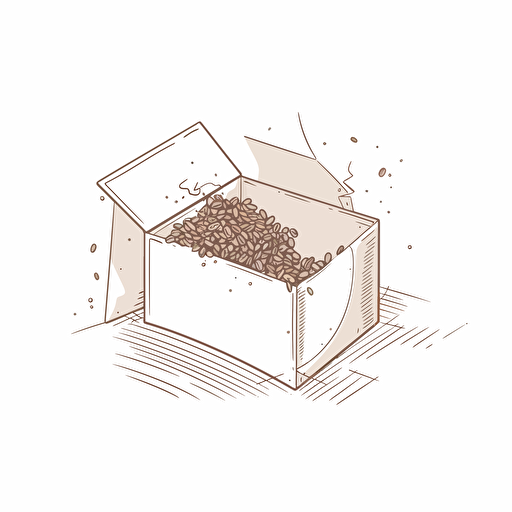 Open box with coffee beans piled and spilling out the top and sides, white background, line drawing illustration, vector, simple, minimalist