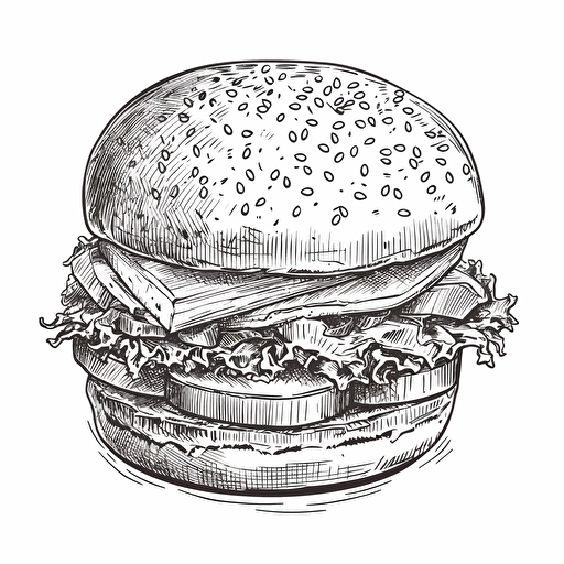 black and white outline vector illustration for a sticker of a classic American burger.