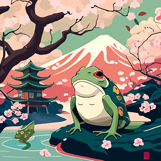 Influenced by the Japonisme art style, create a vector illustration of KEK (in his frog form resembling Pepe the Frog) interacting with Japanese mythical creatures in a serene landscape filled with cherry blossoms. Set the scene in a picturesque Japanese garden, with KEK gazing in wonder at his surroundings