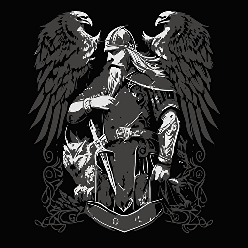 odin full viking armor, art work, black and white, vector style, only two ravens in background