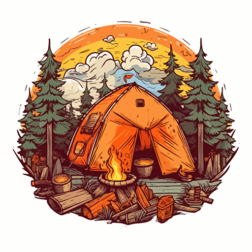campfire and camping tent, Sticker, Blissful, Earthy, Folk Art, Contour, Vector, White Background, Detailed