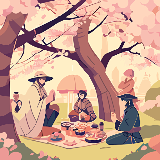 Drawing from the Japanese tradition of hanami, design a vector illustration of Satoshi Nakamoto and his friends enjoying a picnic under blooming cherry blossom trees in a picturesque park. Set the scene during a beautiful spring day.