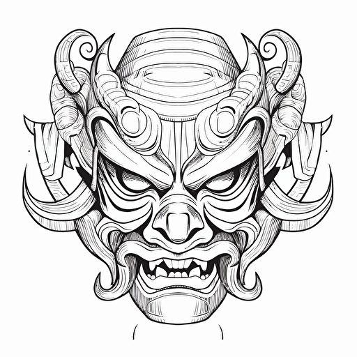 DND Fantasy. Japanese Style mask. Wooden Architecture. No Shadow. Cartoon. Coloring page. Vector. Simple.