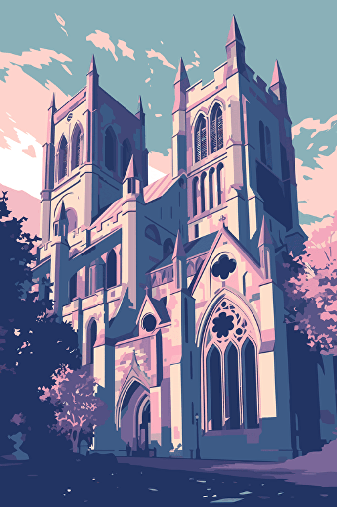 Flat vector art illustration featuring The Ripon Cathedral United Kingdom, Pastel blues, purples, and pinks, Wide Angle, no text