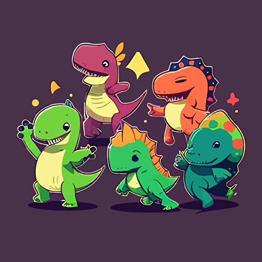 Very cute group of dinosaur dacing pixar style, 2d flat design, vector, cut sticker