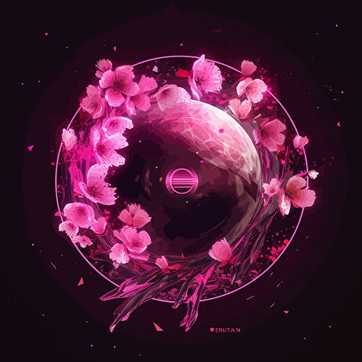 vector logo, pink full moon emitting very strong pink synchrotron radiation, clear details, Shaped with whirling cherry petals emblem, around luminous particles, black Background, goloden paintings on Sparkling silk style
