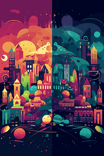 fun, festival, city, party, abstract, vector, daytime left, night time right