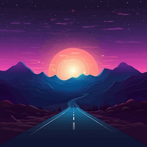An extended road road in the foreground, the night sky and mountains in the background, 2D, gradient vector illustration wind