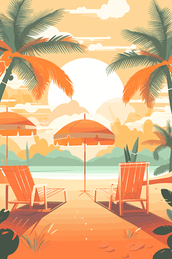 background image, summer beach, pastel colour illustration, flat vector, sunbed, palm trees, bright, bbq