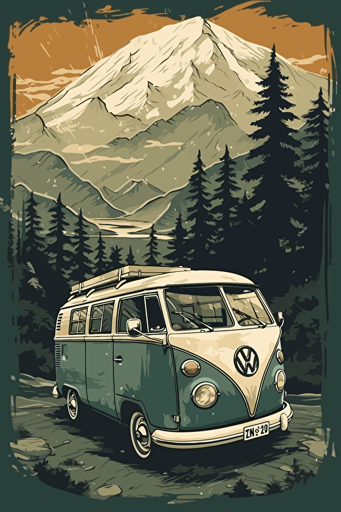 Create an illustration for paintings with a travel and adventure theme that inspire people to get out of their comfort zone and explore the world. Include a vw motor home. The illustration should be suitable for hanging in a room of any age, vector quality