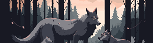 vector illustration of a wolf nursing her little cubs, forest scenery