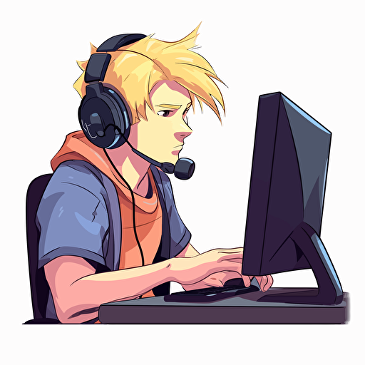 logo vector blond male student gaming on a keyboard mouse desktop pc and a monitor with his headphones on