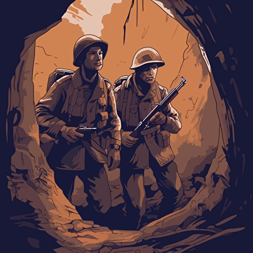 two sad soldiers world war I , looking down , holding their guns with bayonette, in the trenches with helmets, 16:9 format, illustration vectorial style, limited color palette