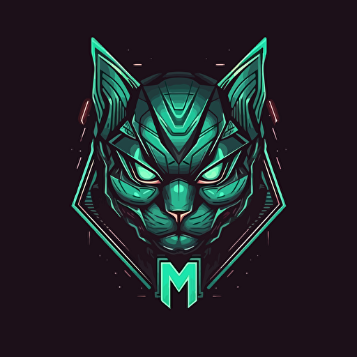 Logo, Menacing, Letter M, Mecha Cat, Sphynx, Green Glowing Eyes, Big Ears, Triangle Base, Vector Style,
