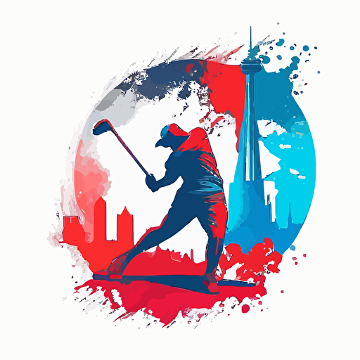 a flat vector logo of of a golfer swinging with his legs together, there is the CN Tower and Niagara Falls in the background, blue and red colors, no text