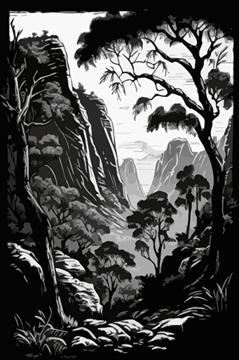 an illustration of forest and mountains in a rocky landscape vector, in the style of meticulous inking, herb trimpe, martin grelle, carving, black and white drawings, high-contrast shading, native australian motifs