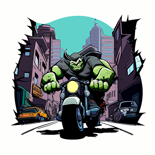 ogre riding a motorcycle through a bad part of the city, vector logo, vector art, emblem, simple cartoon, 2d, no text, white background