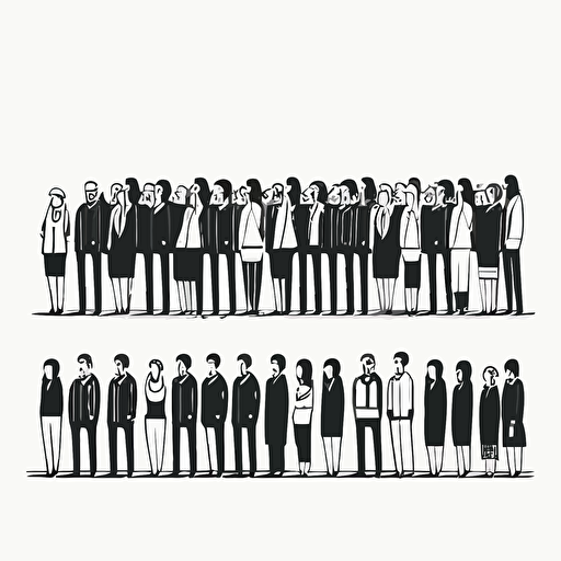 Create an illustration of 1 rows of 20 adult people standing flat style, vector black outlined minimalistic, white background
