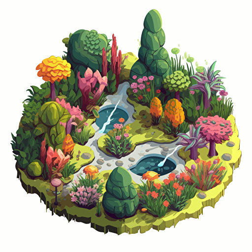 isometric cartoon vector image of a small colorful botanical garden with transparent background