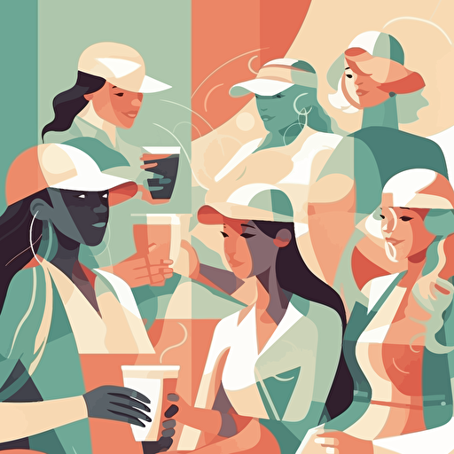a group of tennis players having coffe in a tennis club, smiling, pastel colours, abstract vector illustration style