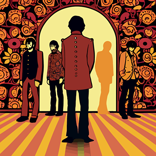 standing beatles in a big room in the style of Sgt. Pepper's Lonely Hearts Club , vector illustration
