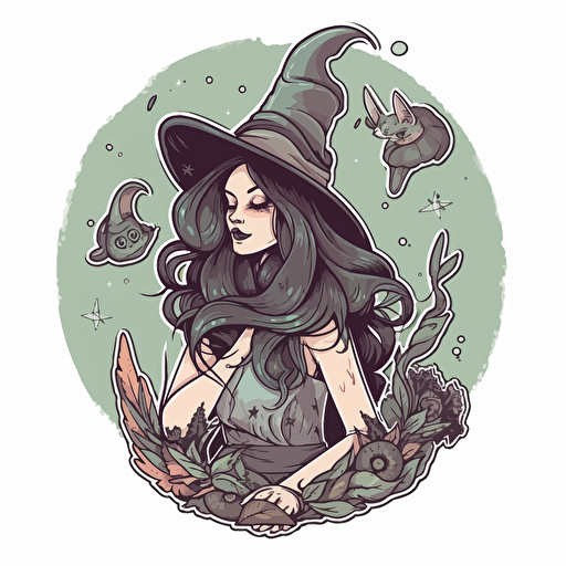 witchy, Sticker, Lovely, Muted Color, Disney, Contour, Vector, White Background, Detailed