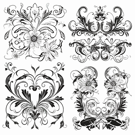 floral and wavy monograms vector, Black on white, white background