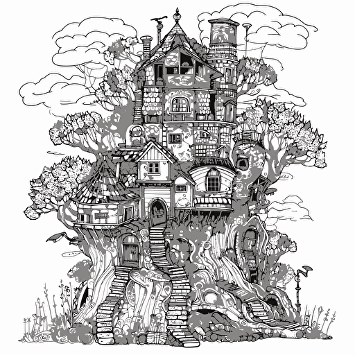 a tall whimsical medieval hobbit house, in a flat 2d vector style, black and white, no perspective, zentangle style, in the style of artist johanna basford