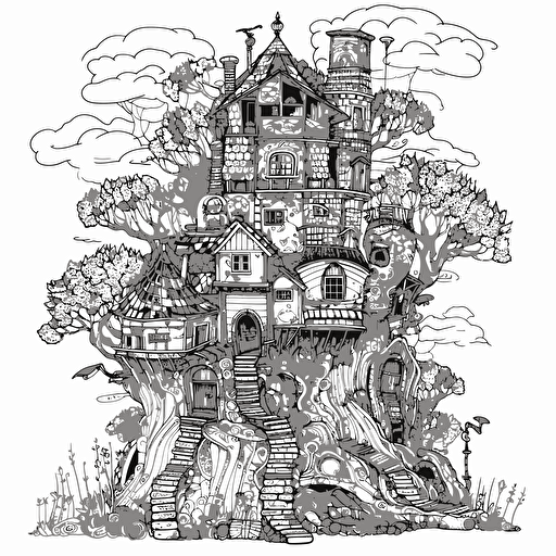 A tall whimsical medieval hobbit house, in a flat 2d vector style, black and white, no perspective, vector illustration
