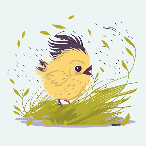 scared baby yellow chick being blown in the wind with leaves and grass blowing, white background, flat color vector art