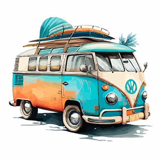 a watercolor disney style vector illustration of a Hawaiian themed volkswagon bus with a surfboard on the roof, turquoise, blue and orange with a white background