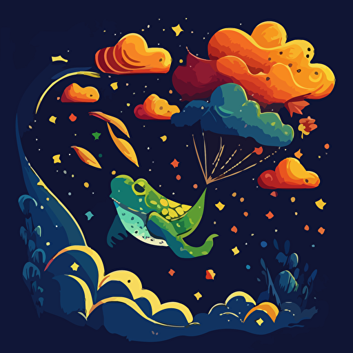 Based on Marc Chagall's dreamlike compositions, design a vector illustration of frogs and humans floating among the clouds, engaging in playful activities. Use a colorful palette and a sense of fantasy. Set the scene in a world where the sky is filled with stars.