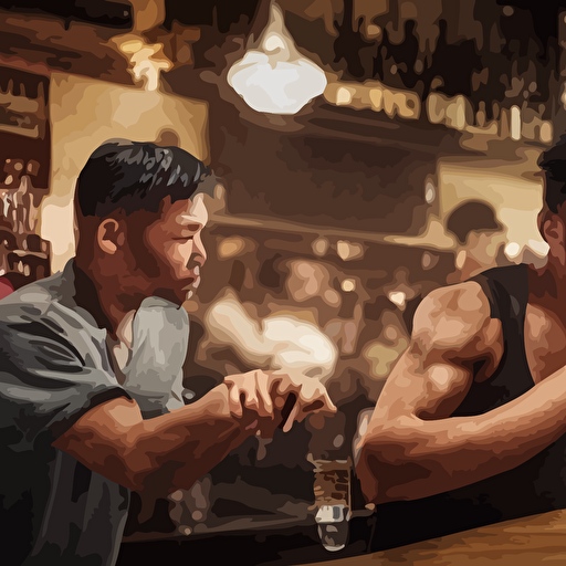 photo bar fight inside pub asian men leica symmetrical faces muscles detailed faces accurate faces 4k 3d render hyperrealism editorial photorealistic crisp details sharp focus wide angle lens octane render cinematic lighting