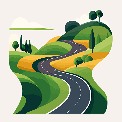 Flat vector illustration of a road winding through rolling green hills of a landscape, on a white, vector illustration