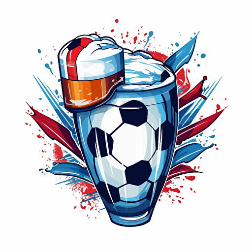 soccer logo club with soccer ball falling into a glass of beer, red and blue stripes, modern, white background, vector,