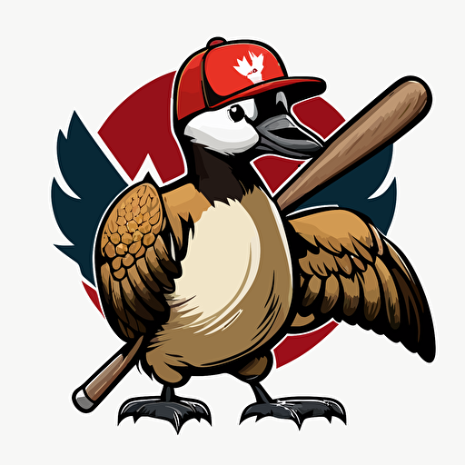 logo, vector, 3 color, mascot, canadian goose, wearing a baseball hat and baseball jersey, holding a bat