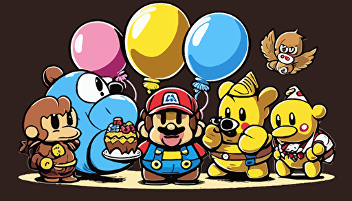 Mario, Kirby, pikachu, donky kong and link, around a birthday cake, with balloons, vector art, flat background