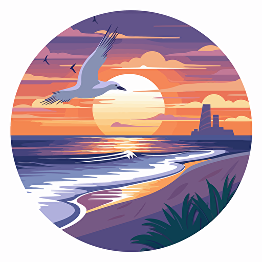 A beach scene with earth tones and shades of blue, purple, pink, and orange. The image should be simple, cartoon-illustrated, and vector-based. It should feature a stylized ocean wave with a seagull flying above it and a palm tree in the background. The colors should be vibrant but not overly bright. The image should work well as a sticker on a white background.