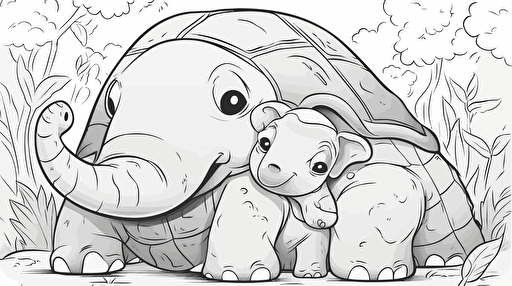 a cute turtle hugging with an elephant, disney cartoon style, black and white, coloring page, vector, hd