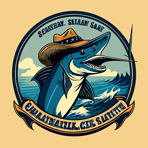 Logo retro design for an offshore fishing and scenic boating charter company called "Saltwater Cowboy Charters" that features a large cartoon style blue marlin with a cowboy riding on his back, while smilling wearing sunglasses, flat, vector, 2D