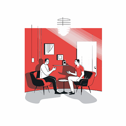 airbnb style illustration,illustrator, vector, black and white illustration on white background with dark red as decorative color in small area, an engineer have a nice conversation with a client,