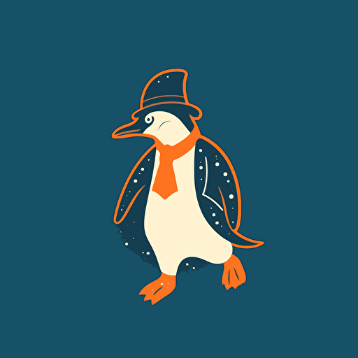 Penguin, Ice Skating, Cool blues and orange evoke mystery, Intricate details add depth and texture, Comic vector illustration style, flat design, minimalist logo, minimalist icon, flat icon, adobe illustrator, cute, simple