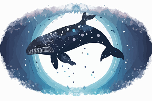 vector illustration of a whale swimming through stars, set in a circle, white background