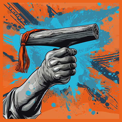 a vector image of a black hand holding up a college diploma, blue and orange and dark gray, graffiti style