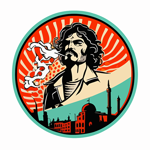 vector round sticker Italian terrorist from the 70s, stylized with a gun in his hand propaganda