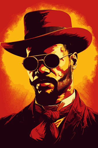 jamie foxx django unchained wearing round red glasses, front view, yellow sun behind him, poster, vector, gritty, detailed, red background,