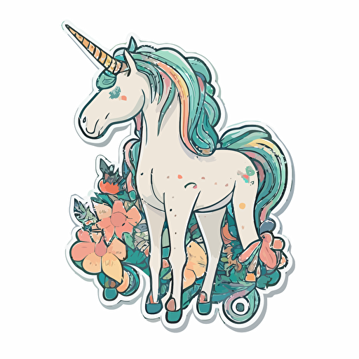 a unicorn, Sticker, Adorable, Soft Color, Street Art, Contour, Vector, White Background, Detailed